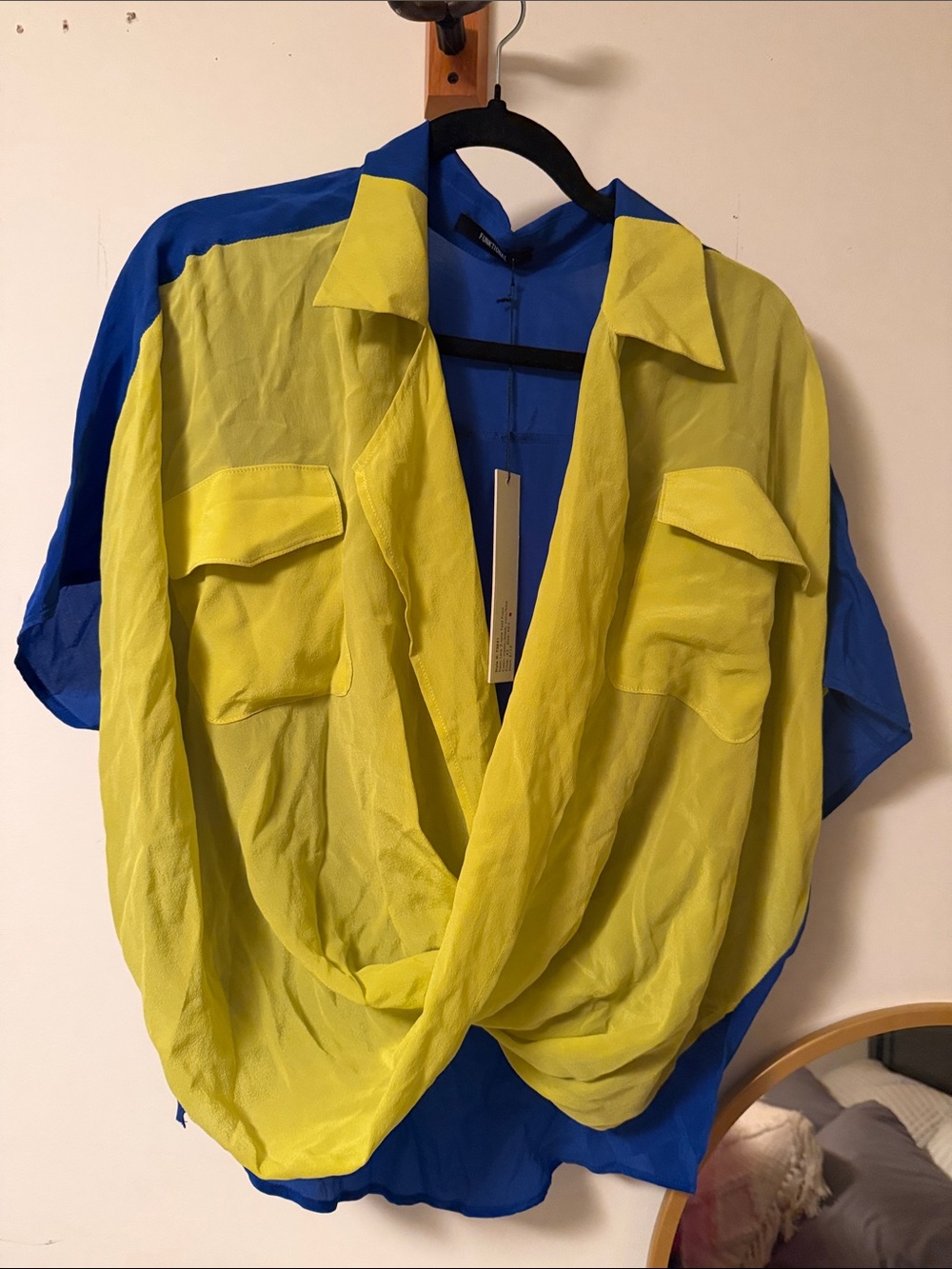 Two-Tone Yellow and Blue Draped Women's Blouse